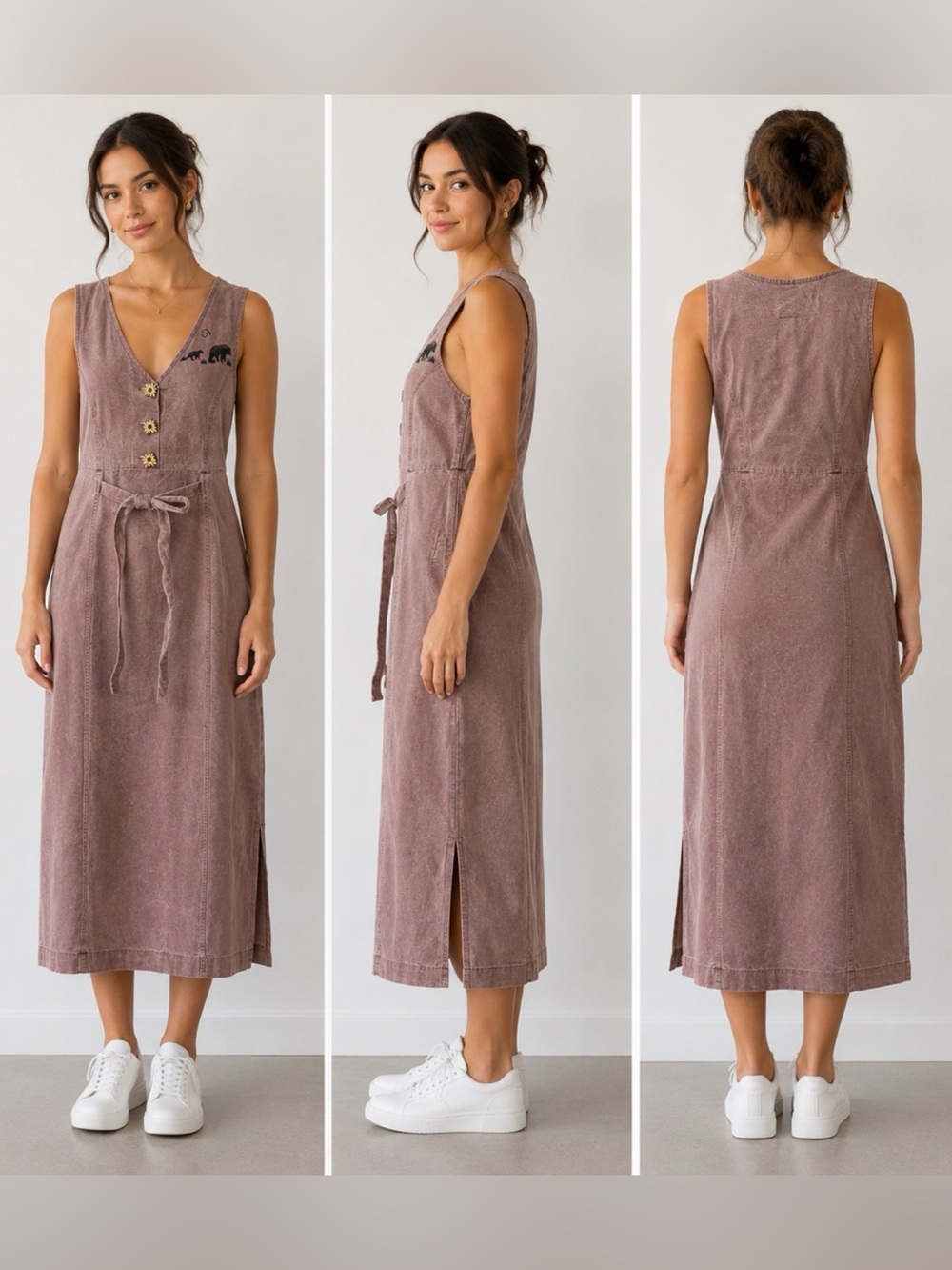 Sleeveless V-Neck Tie-Waist Midi Dress in Dusty Mauve (denim like)